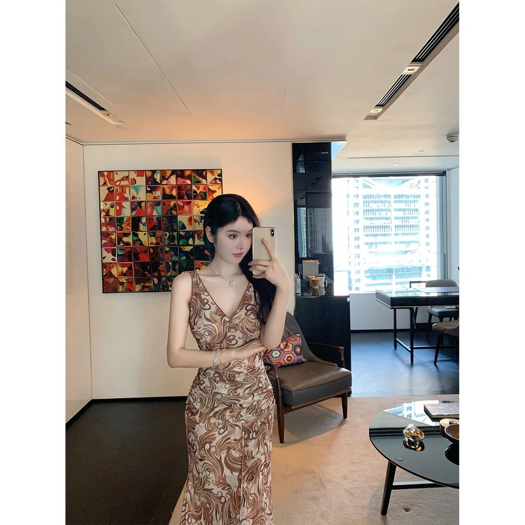 THE SWAN司凰轻奢 比利老钱 气质修身中长裙网纱雪纺印花连衣裙女