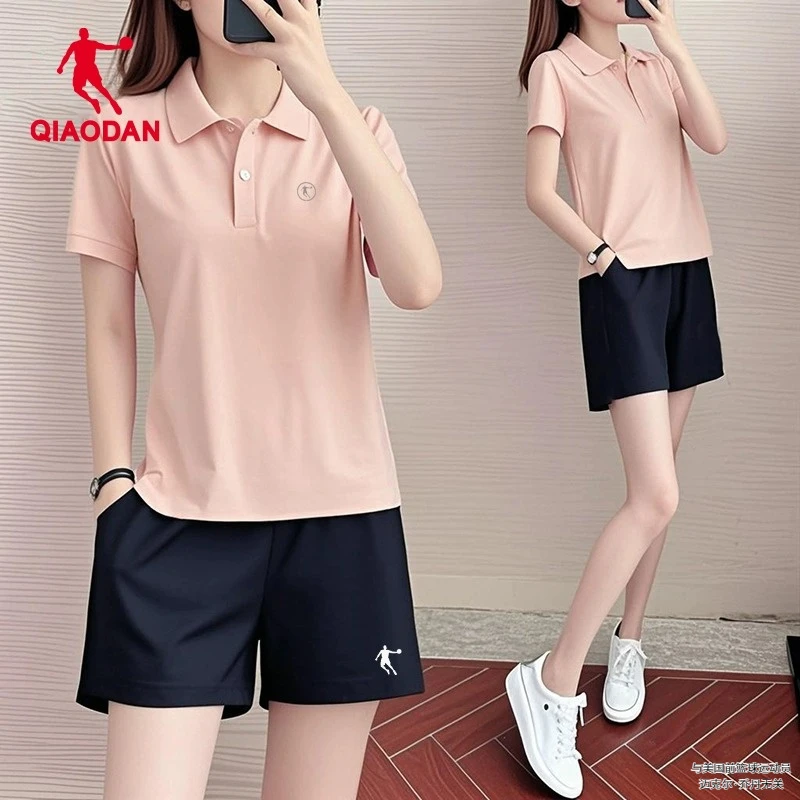 乔丹运动套装女秋季新款POLO衫跑步宽松透气短袖短裤休闲两件套女