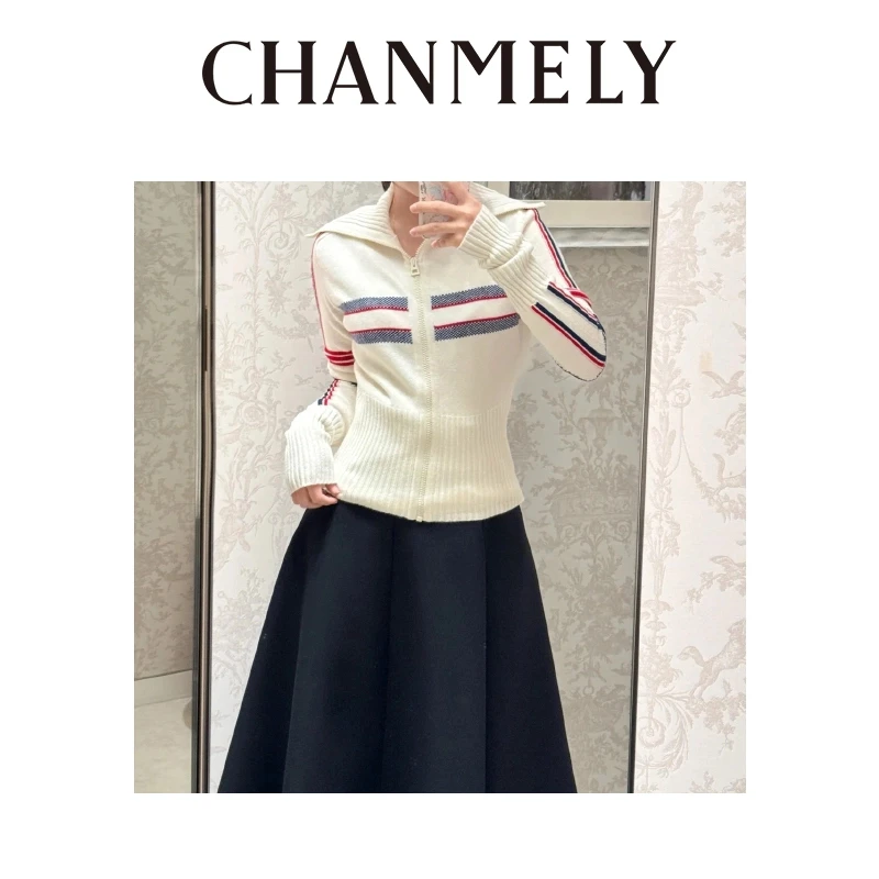 【CHANMITY】‘’白衣卿相‘’滑雪系列罗纹条纹针织开衫外套0241558