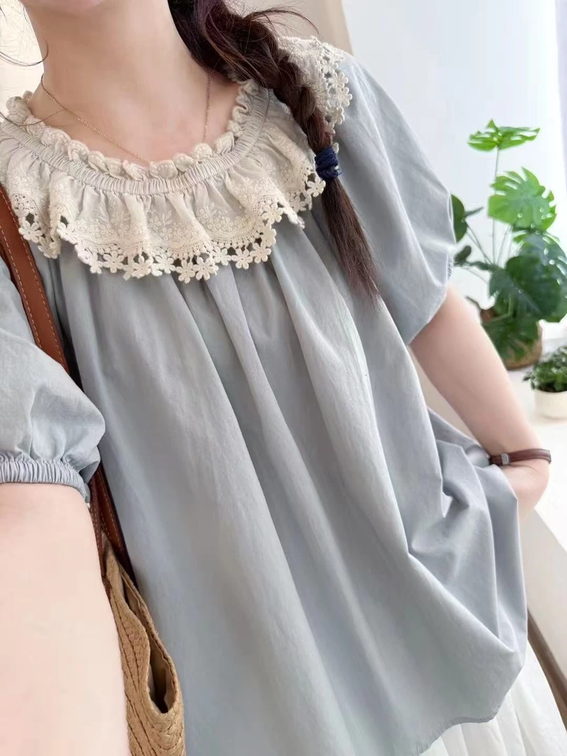 可衣-【黄昏晓】森系蕾丝花边拼接圆领短袖衬衫甜美减龄纯色