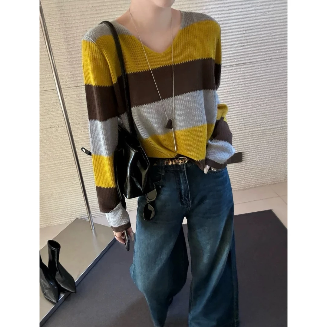 黄咖条纹控」早秋新款薄款宽松针织衫女长袖打底 衣长57 胸围104