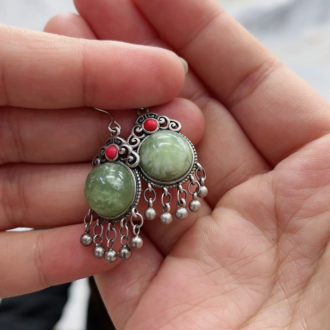 透闪石-蛇纹石玉耳钉银S925镶嵌