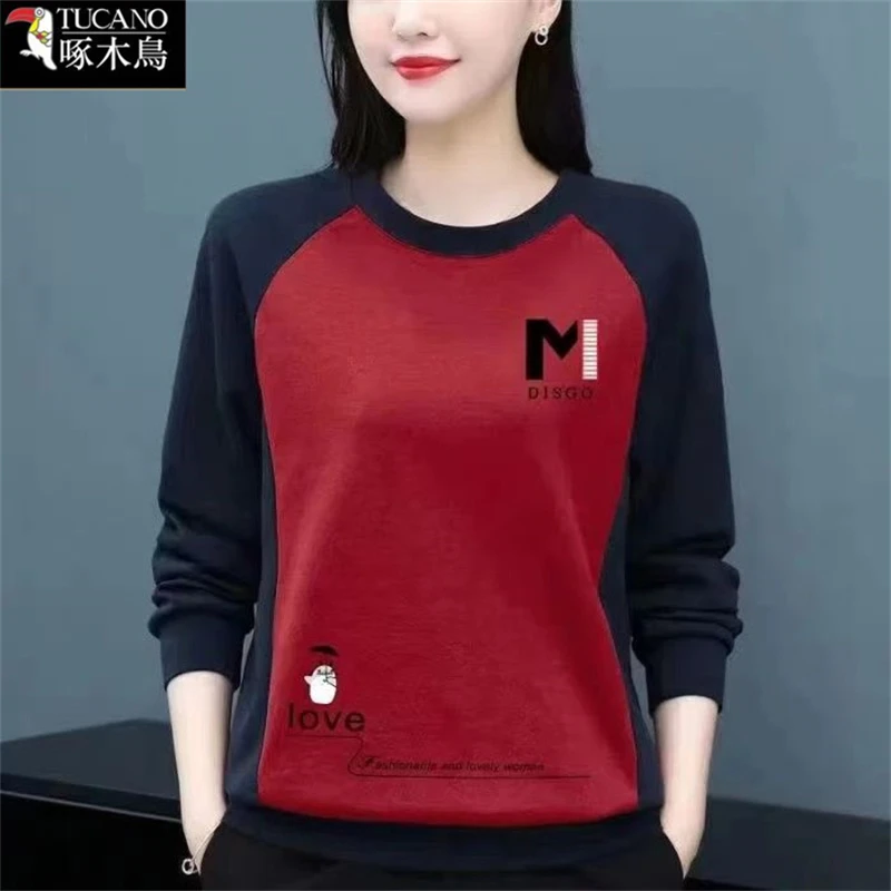 啄木鸟正品春秋纯棉长袖显瘦T恤女2025新款圆领中年减龄印花上衣