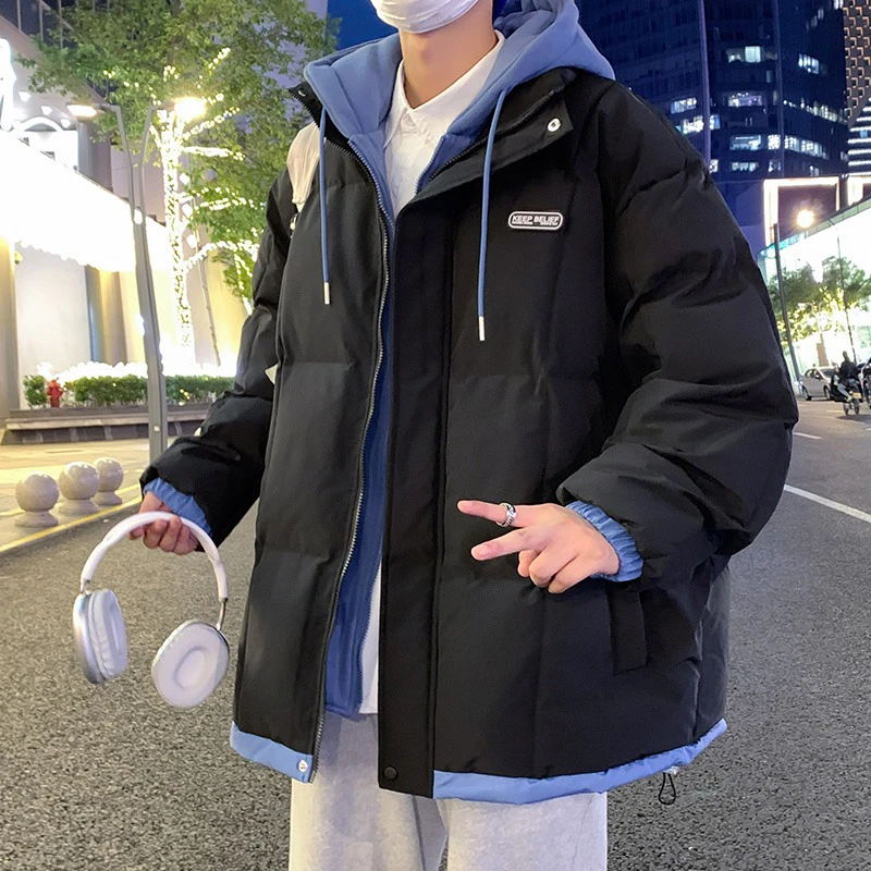 大码冬季新款青少年学生棉服外套加厚宽松连帽面包服假两件男港风