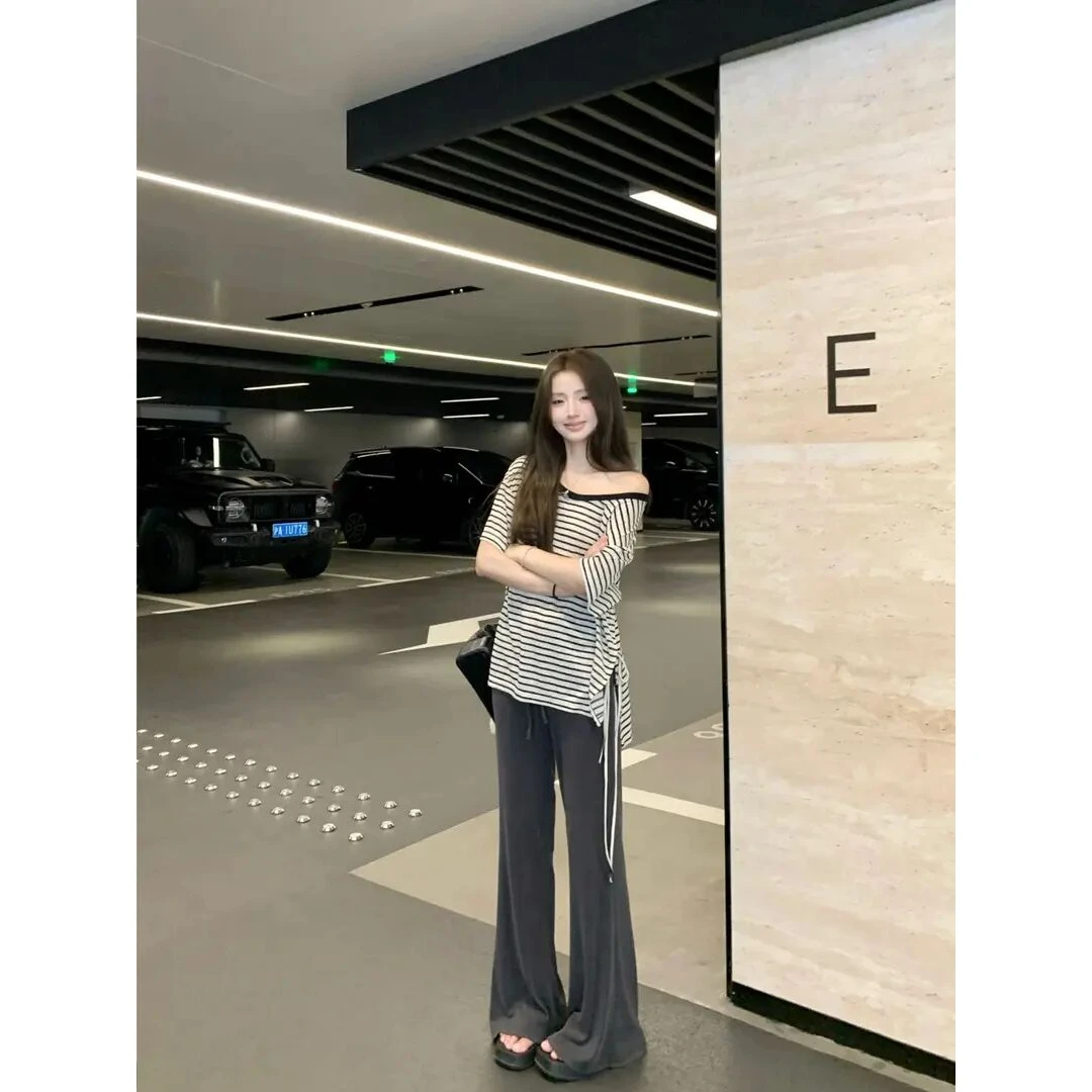 夏季慵懒风上衣松弛感宽松显瘦条纹露肩短袖遛弯裤慵懒微喇长裤女