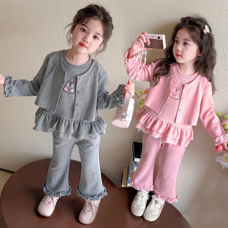 女童小兔子假两件长袖套装春秋2025新款洋气女孩时髦喇叭裤两件套