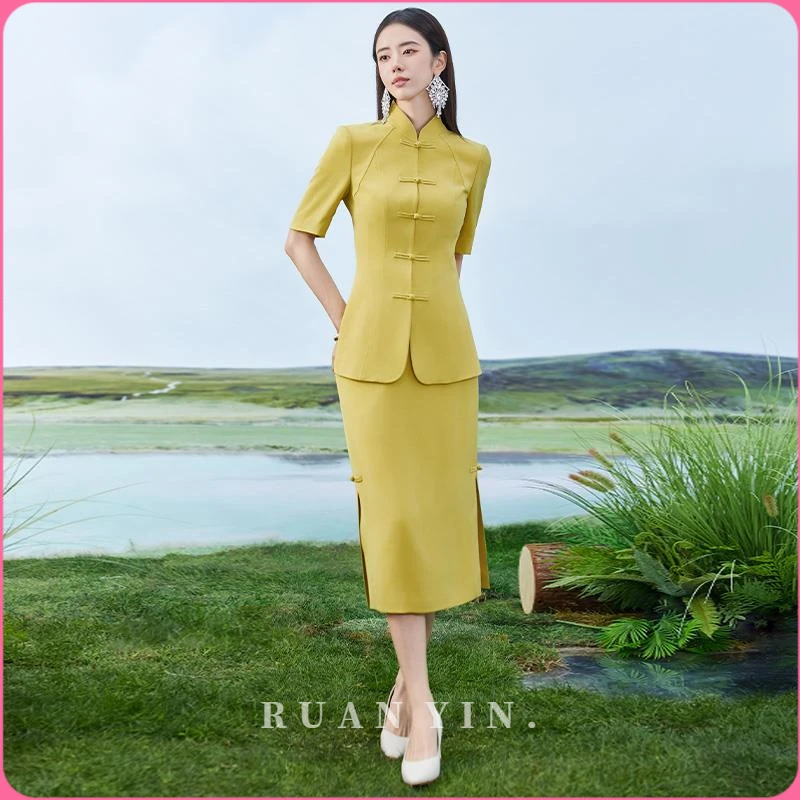 RUAN YIN职业套装裙高级感女夏款两件套黄色医美咨询师工作服演讲