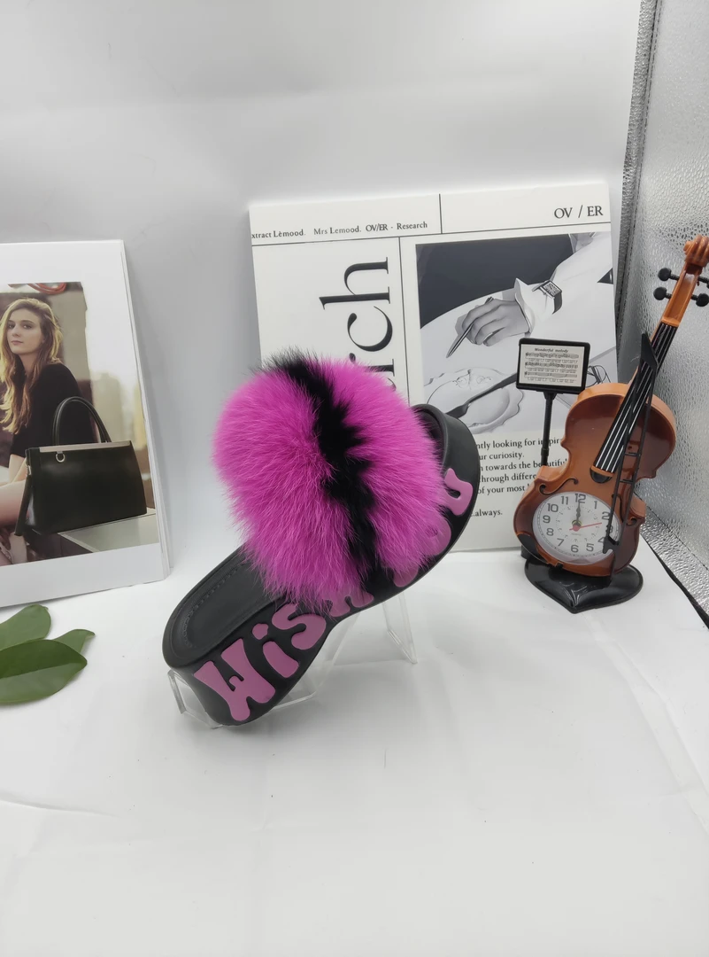 女士狐狸毛时尚高跟6厘米一字拖字母2025新款网红凉拖