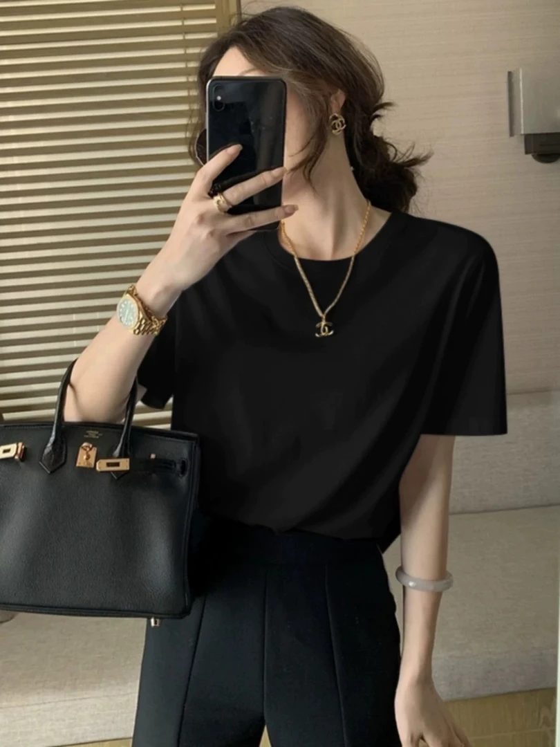短袖t恤女夏季2025年新款爆款圆领内搭纯色正肩上衣