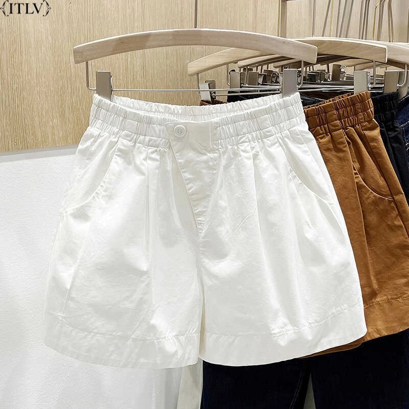ITLV白色松紧腰短裤女夏季新款休闲百搭宽松显瘦韩版阔腿a字热裤