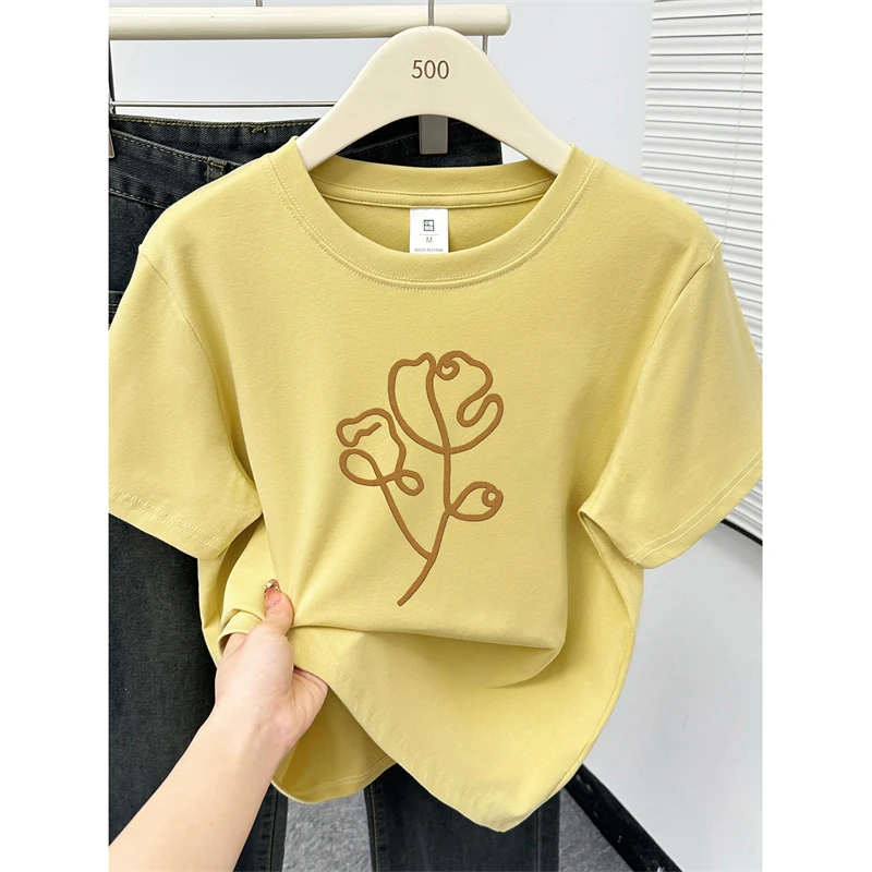 韩系胖MM气质时尚休闲正肩短袖t恤女装大码百搭ins姜黄色半袖上衣