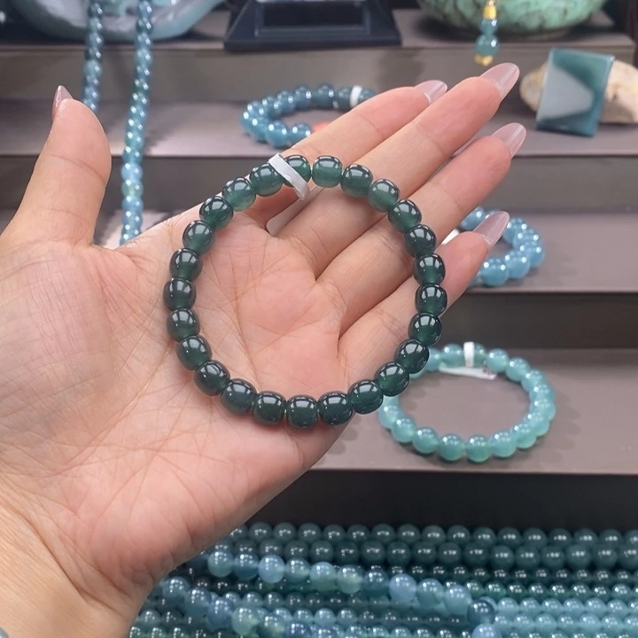 未镶嵌手链翡翠地*鲜卡7.8mm老型27颗，（墨冰蓝绿色）