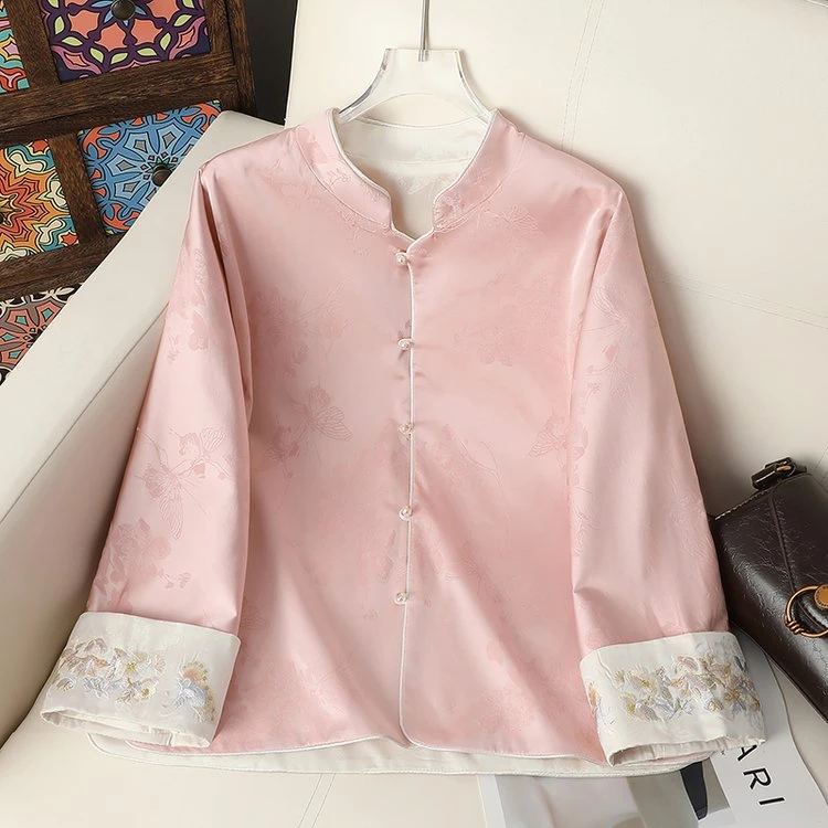 2025秋季新款时尚暗纹提花缎面新中式国风盘扣双面穿上衣