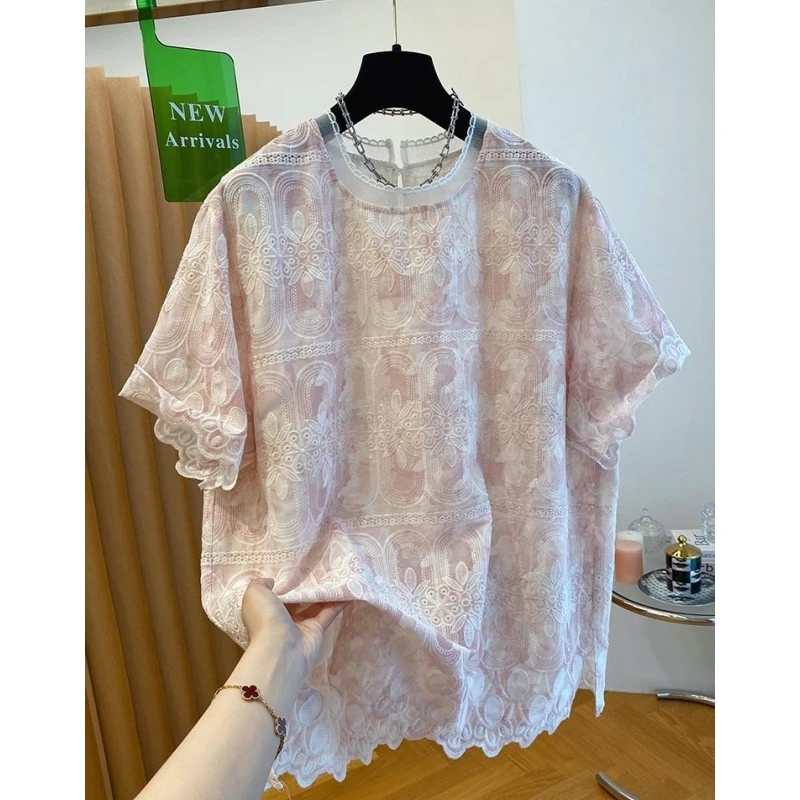 00011粉色高级感刺绣蕾丝衫女短袖上衣夏新款宽松漂亮t恤洋气小衫