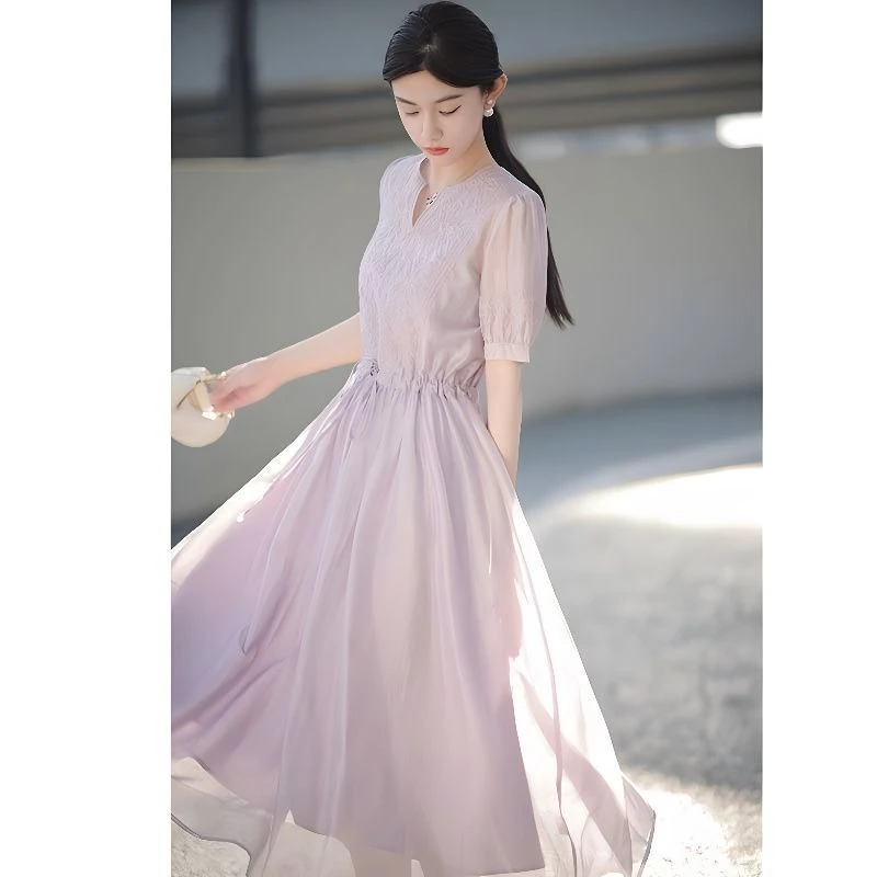 【当天发+运费险】香芋紫连衣裙女气质名媛绣花时尚高级裙Q630