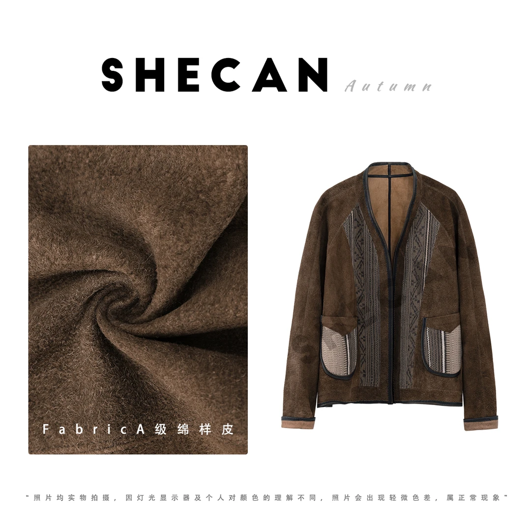 SHECAN【游弋人生：外套】翻领厚款冬季V领拼接短款皮衣外套L5QC147