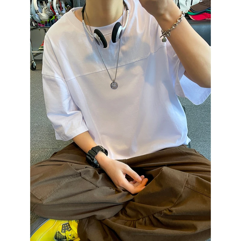 五分袖夏季潮流纯色纯白百搭宽松内搭半袖短袖T恤男打底衫上衣服