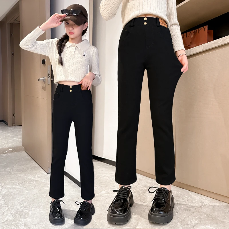 女童裤子牛仔裤春秋装2025新款中大童洋气直筒铅笔裤休闲弹力裤