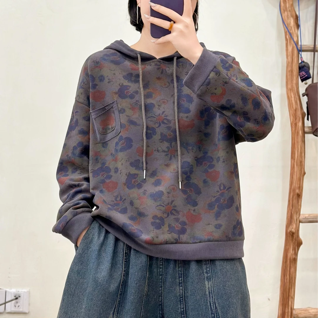 658新款春秋时尚休闲百搭花色连帽卫衣宽松显瘦印花小衫上衣女