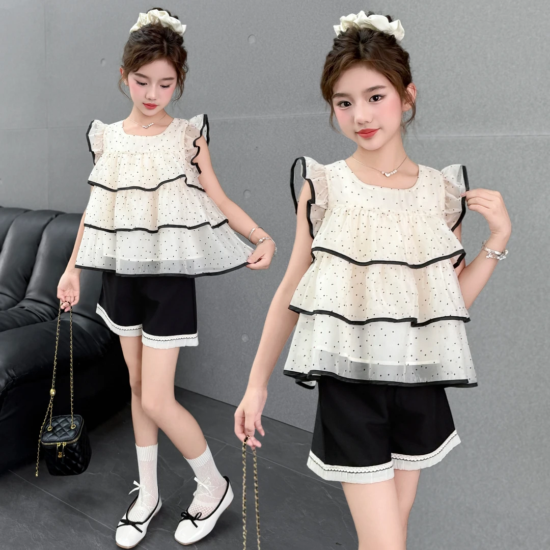 女童夏季休闲波点飞袖套装中大童女孩洋气儿童薄款夏装短裤两件套
