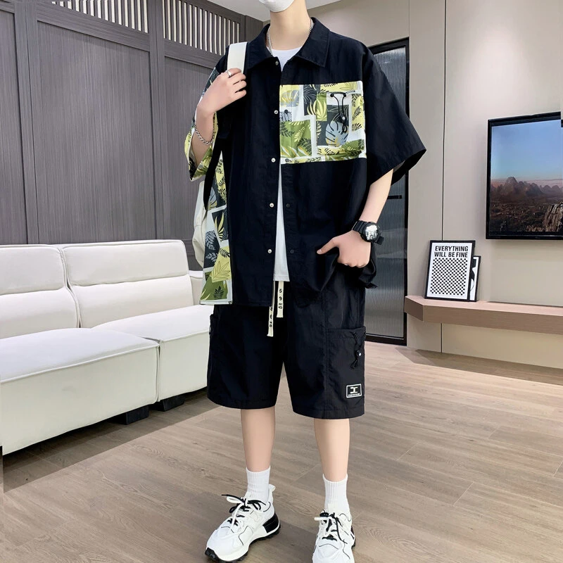 青少年衬衫外套男夏季男士套装学生冰丝潮流休闲宽松帅气短袖短裤