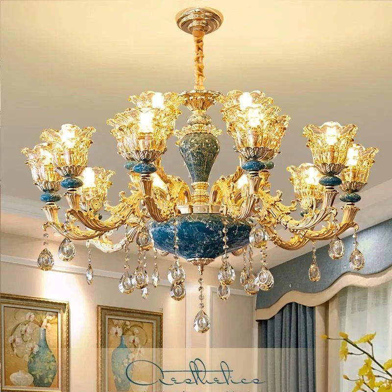 欧式陶瓷吊灯奢华客厅灯现代简约大气家用网红蓝色吊灯卧室水晶灯