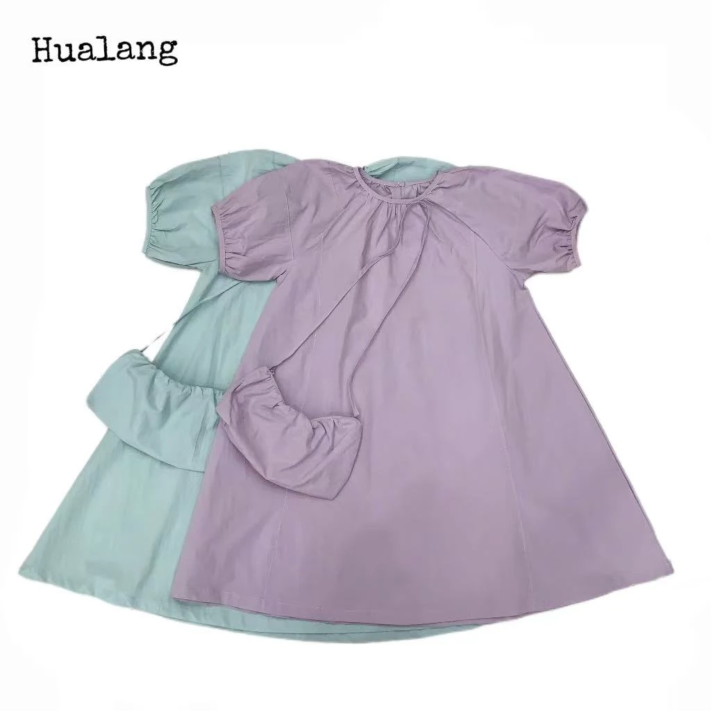 1887款女童连衣裙夏款自带斜挎包儿童净色洋气连衣裙潮