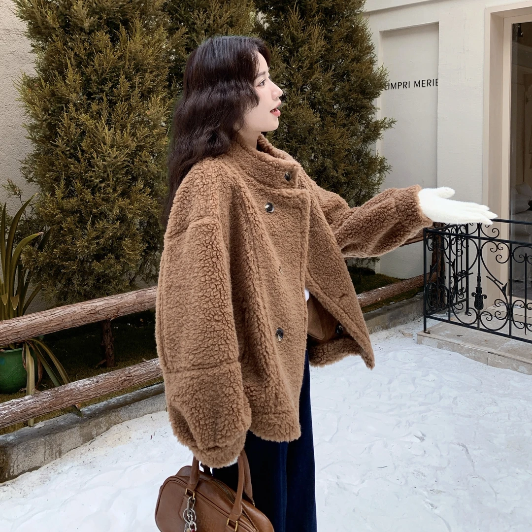 咖色皮毛一体羊羔毛外套女冬独特超好看两面穿鹿皮绒加绒加厚棉服