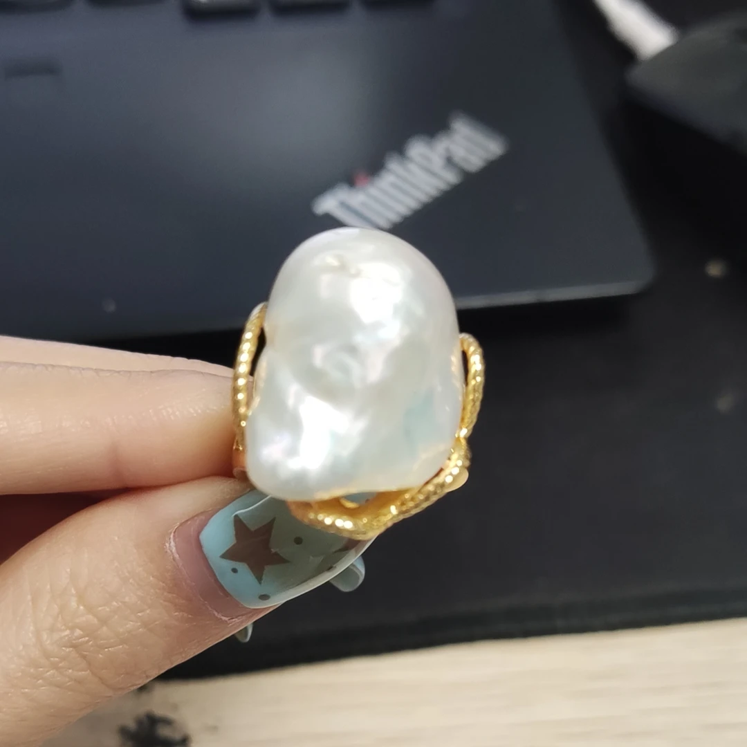 黄铜琉璃戒指 法式精致复古炫彩大洛克珠珠戒指JZ2087