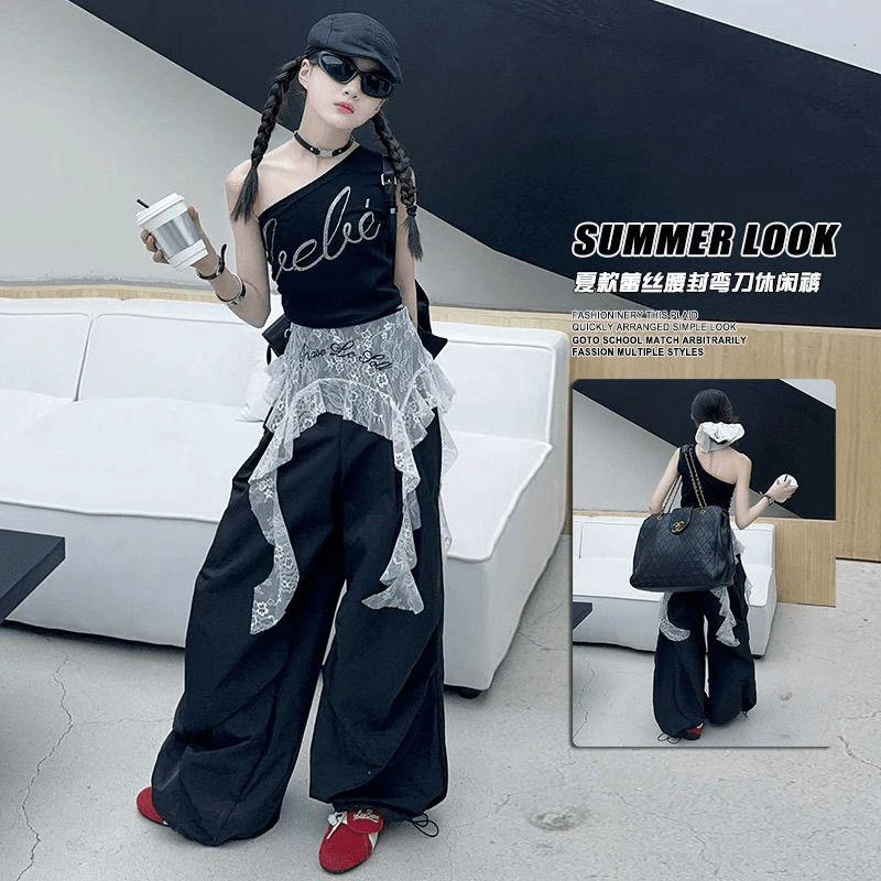 女童夏款套装新款中大童时髦网红印花背心屁帘工装裤两件套潮