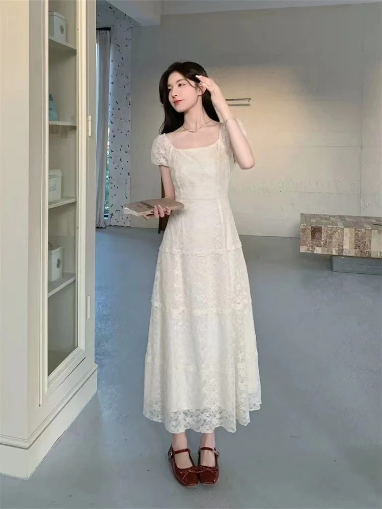 法式浪漫风优雅气质蕾丝花边泡泡袖长裙（25）