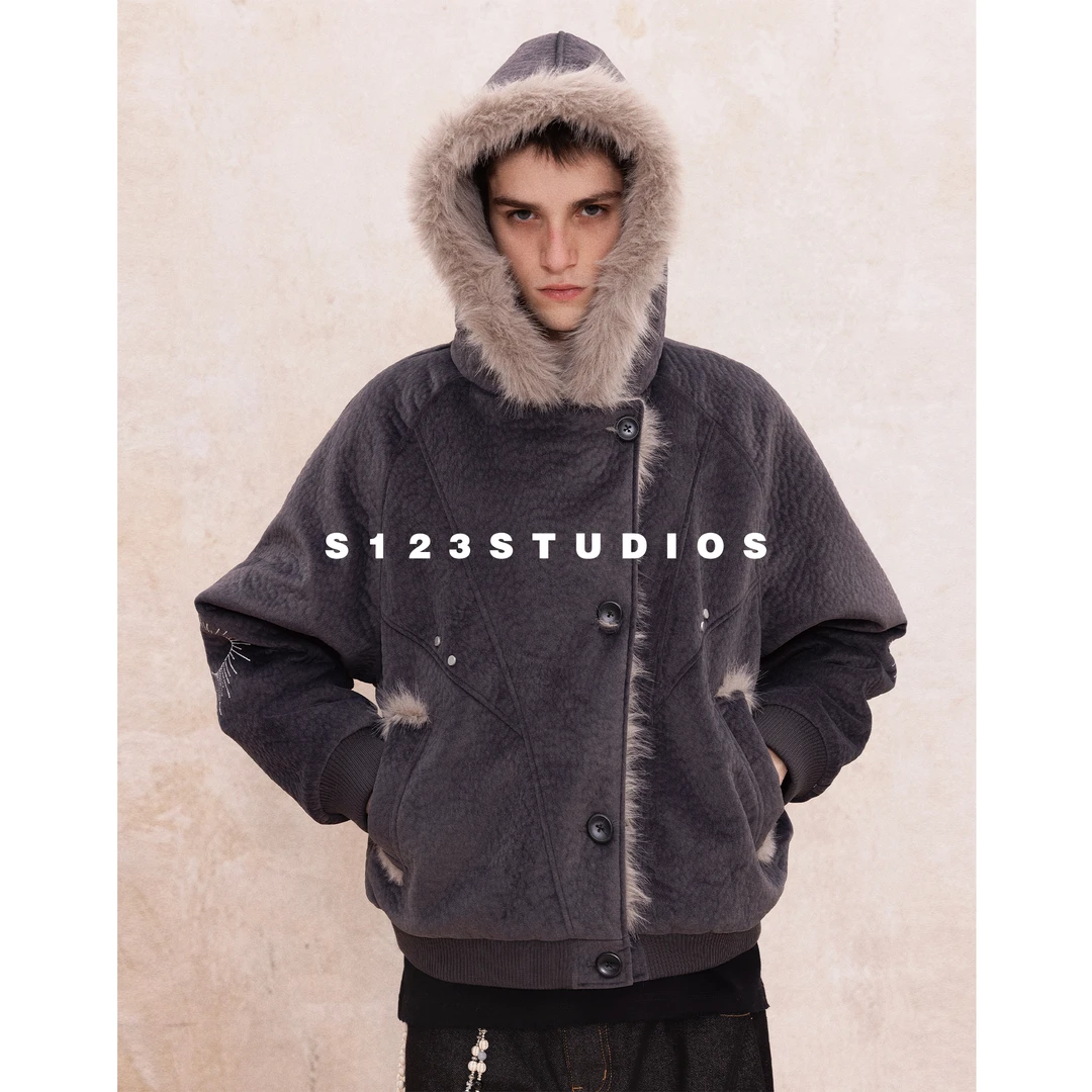 聪明陈国潮牌复古座山雕剪裁解构设计夹克刺绣印花宽松加厚外套男