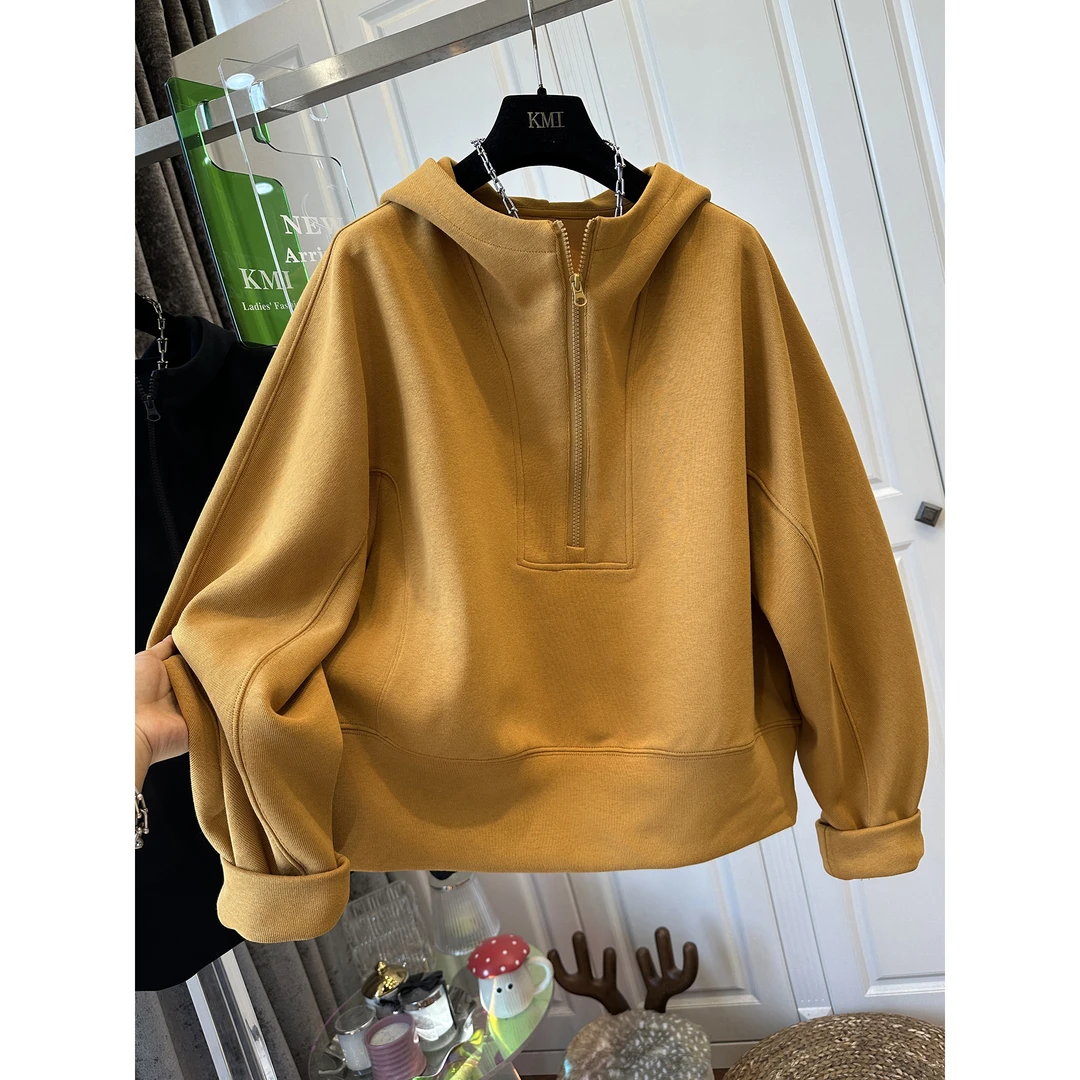 胖mm240斤大码纯色半拉链连帽宽松卫衣女2025秋新款运动休闲上衣