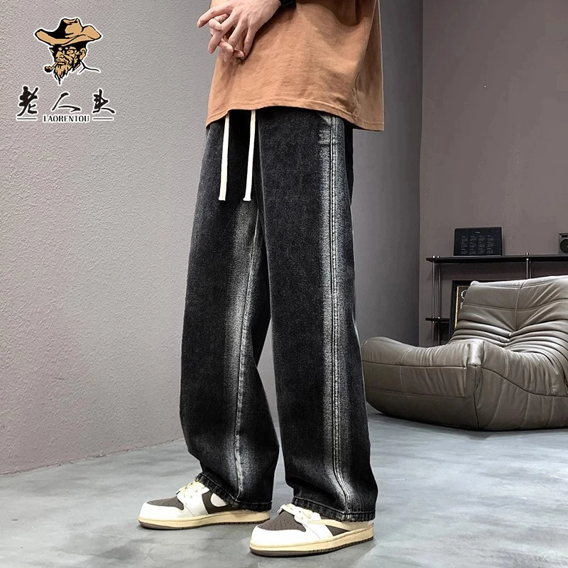 LAORENTOU/老人头美式渐变牛仔裤男款新款春秋宽松百搭垂感直筒裤