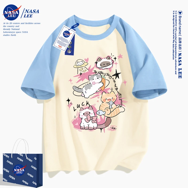 NASA联名潮牌猫咪拼色短袖T恤女2025新款美式学院风卡通可爱半袖