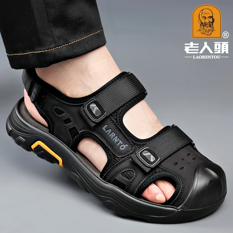 老人头男士真皮凉拖鞋沙滩鞋男款2025夏季新款包头鞋开车鞋