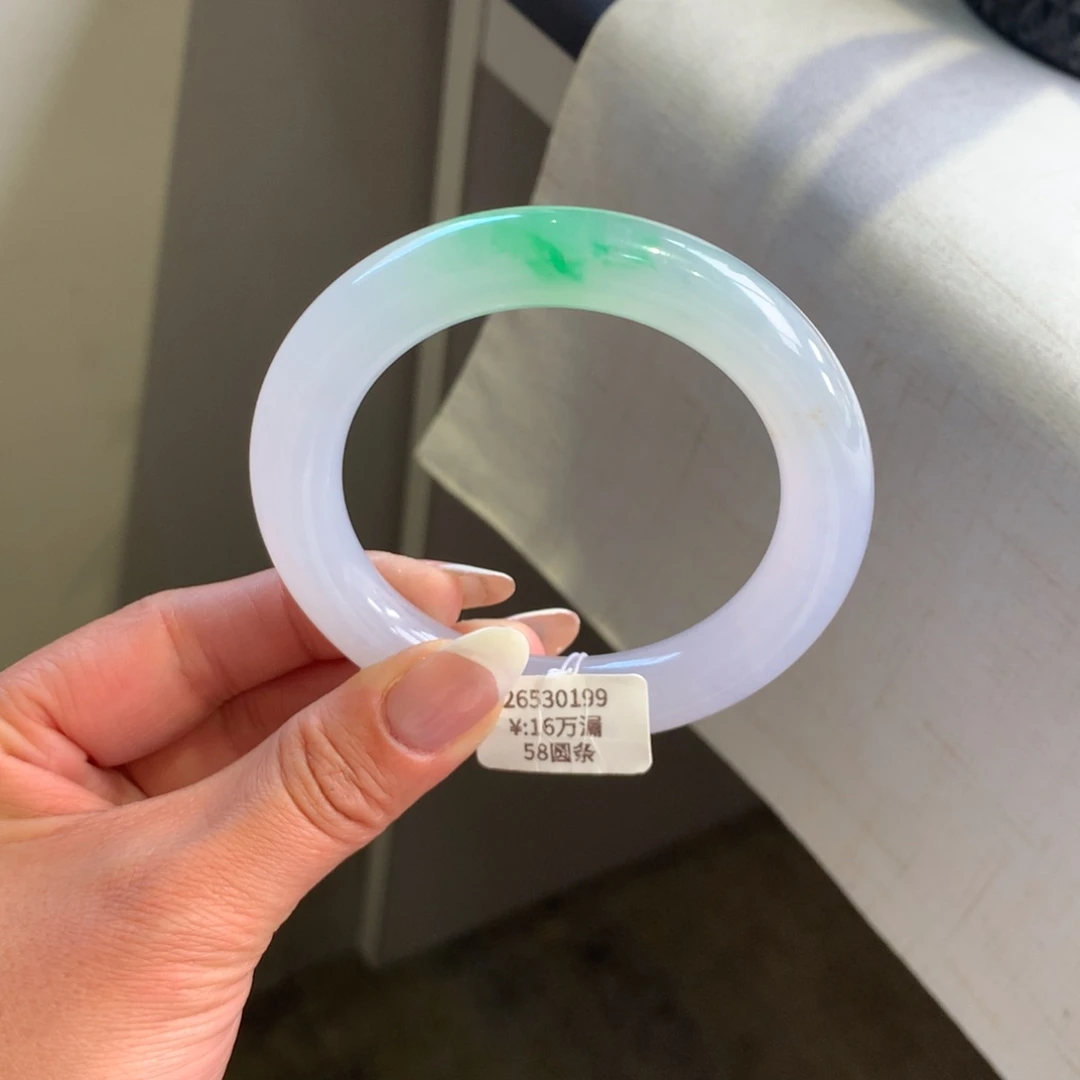 翡翠手镯未镶嵌冰粉紫飘绿丝58胖圆条