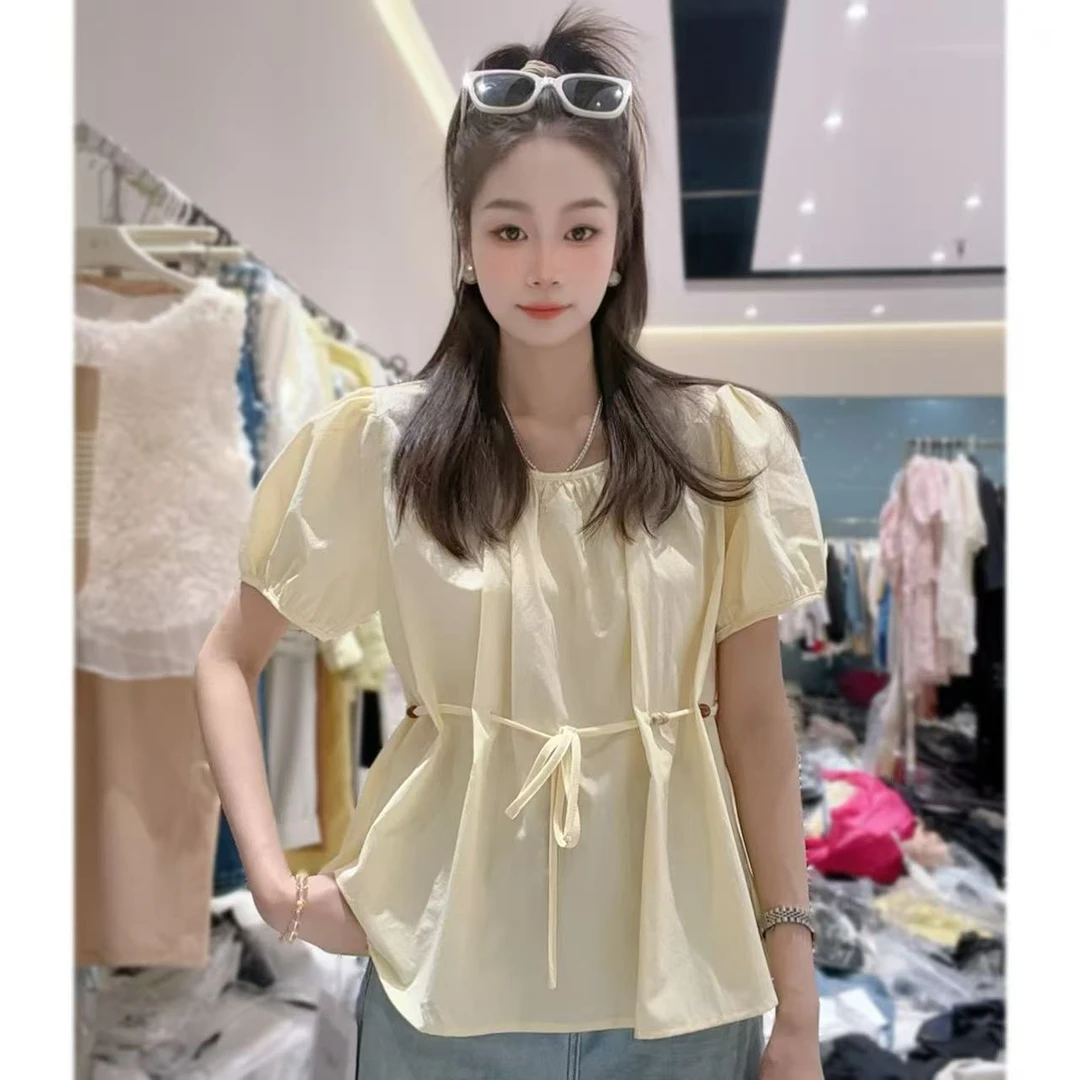 【三懿服饰】新款气质法式小众收腰韩版宽松夏季短袖衬衫-855