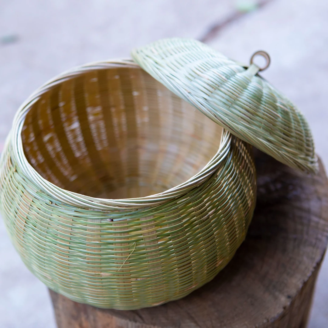 手工竹编竹青南瓜筐带盖鸡蛋收纳篮子