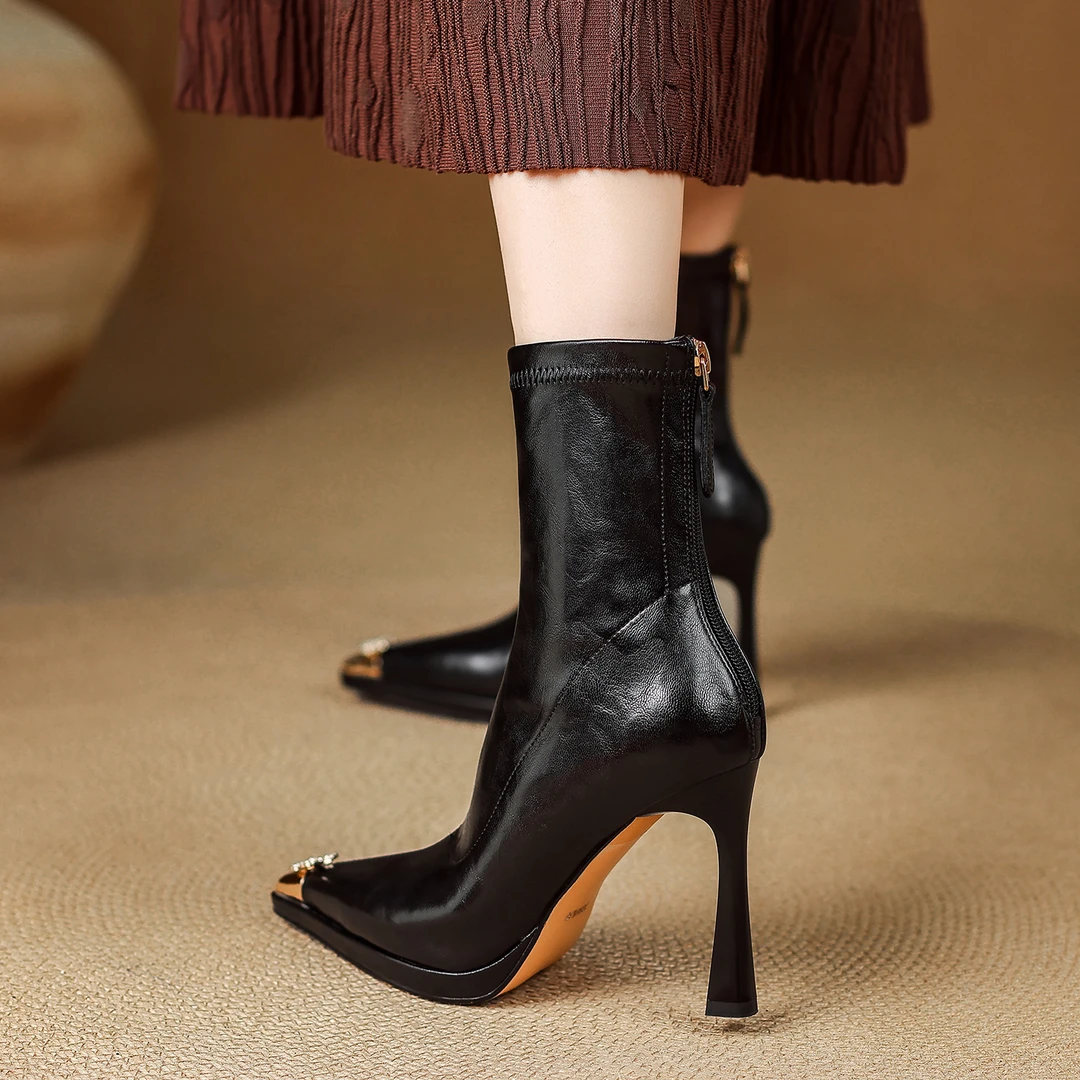 小个子手工女鞋10cm~欧美风短靴防水台细跟时装靴女高跟尖头黑色