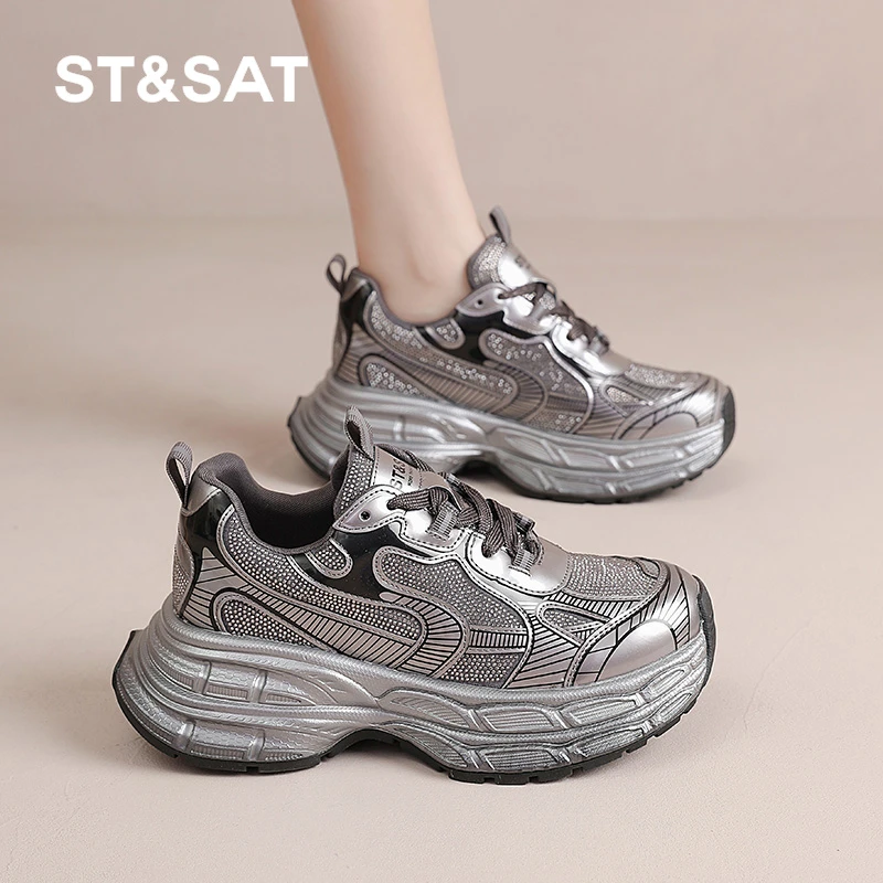 星期六老爹鞋休闲运动鞋女鞋2025秋季爆款正品厚底增高轻便水钻鞋