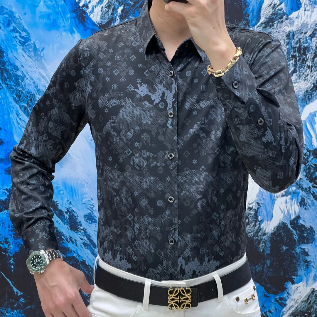25新款秋季（蚕丝羊毛）男士抗皱免烫显瘦易打理修身印花长袖衬衫