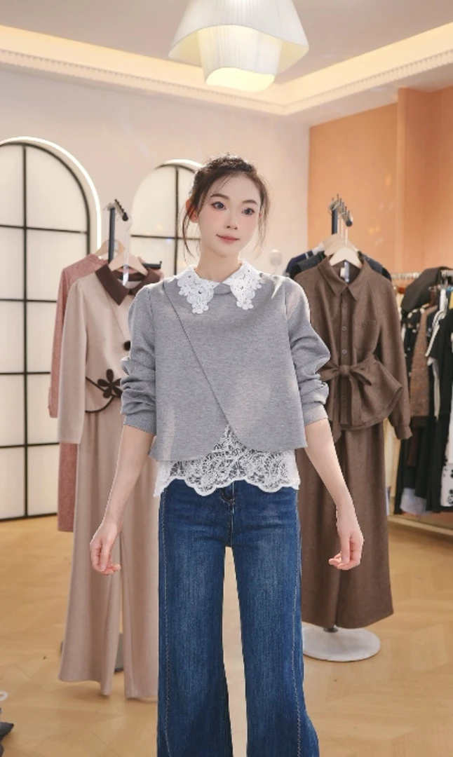 F3052秋季新款蕾丝拼接卫衣女装