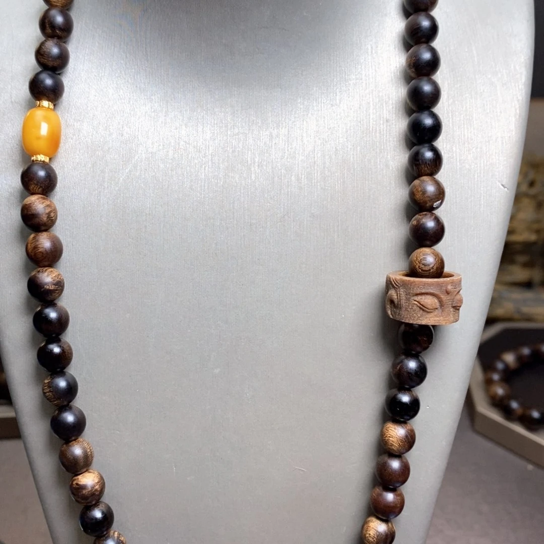 沉香手串越南芽庄白棋楠瘤疤08➕跑环沉香木雕设计