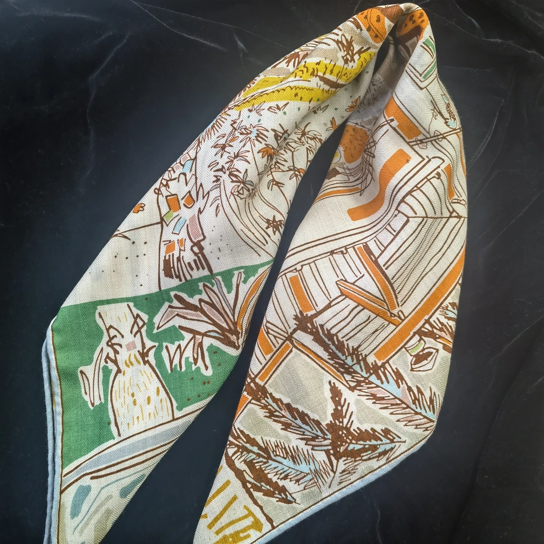 沐芽【假日时光】65CM*65CM丝绒双面异色方巾 时尚气质款印花围巾