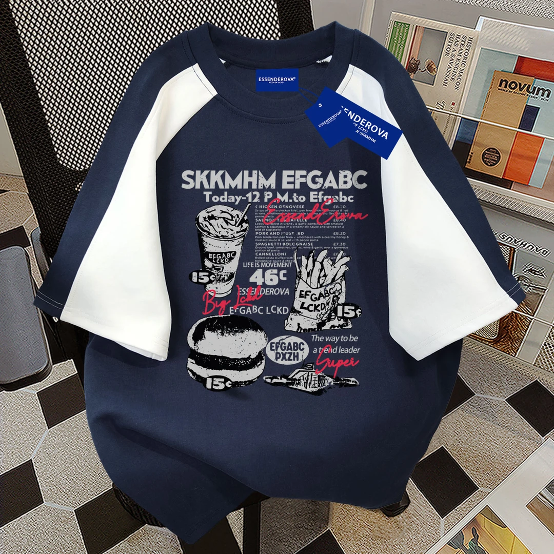 100%纯棉欧美个性街头印花短袖t恤男女2025夏季新款宽松上衣服ins