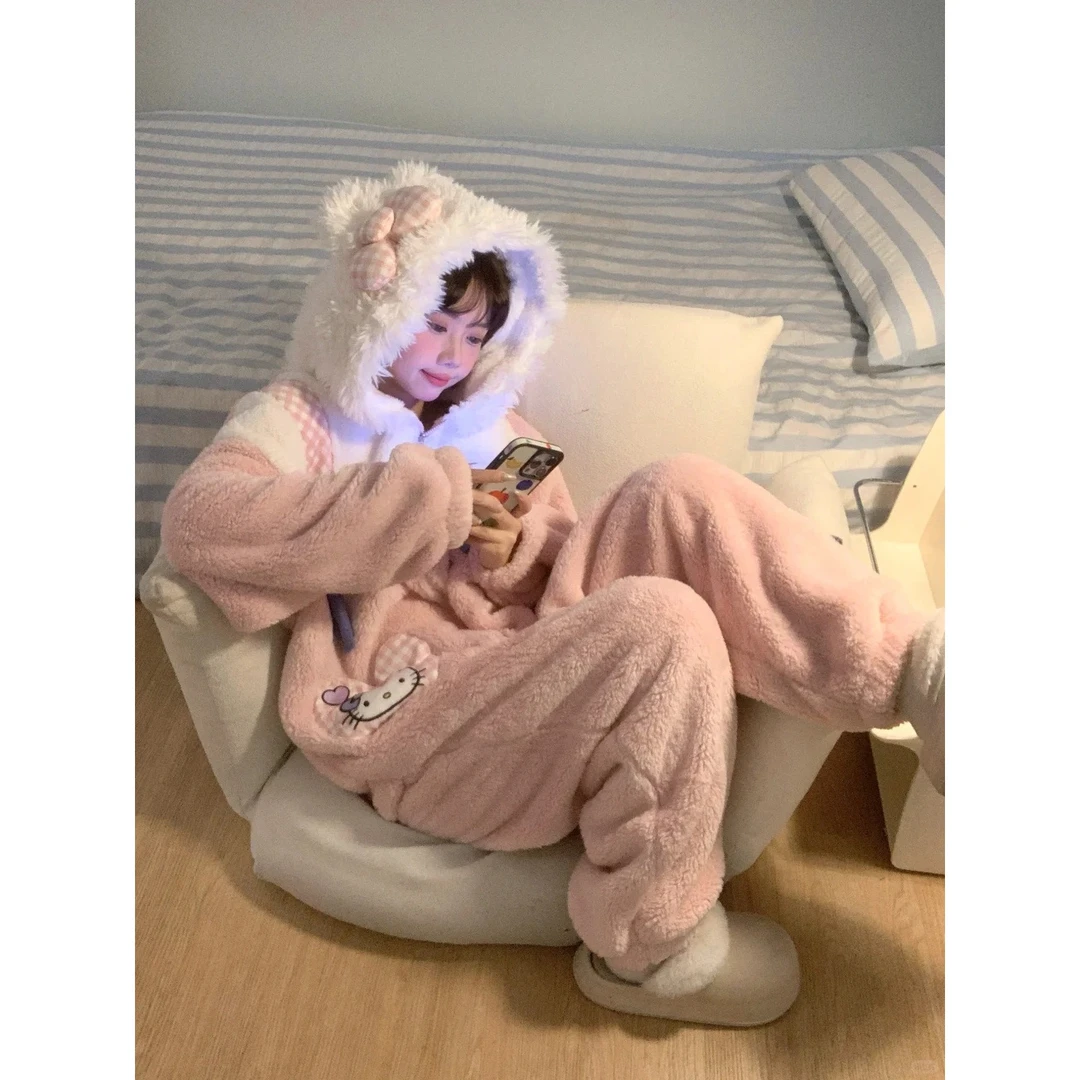 甜美Kitty半边绒连帽睡袍女秋冬季加厚保暖家居服套装可外穿浴袍