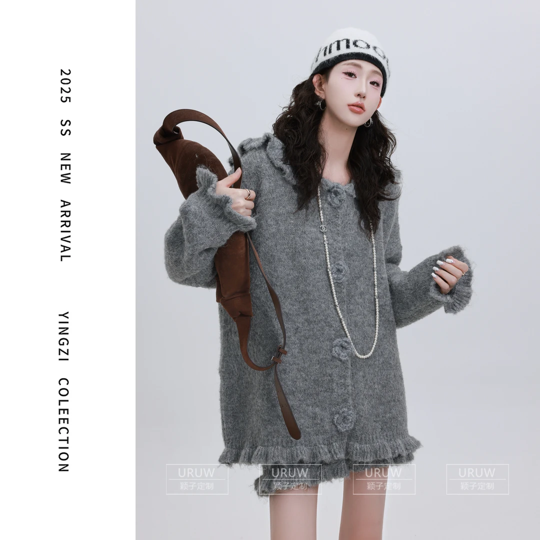 颖子定制【艺术人格】慵懒风花朵连帽开衫毛衣休闲高腰纯色短裙9921