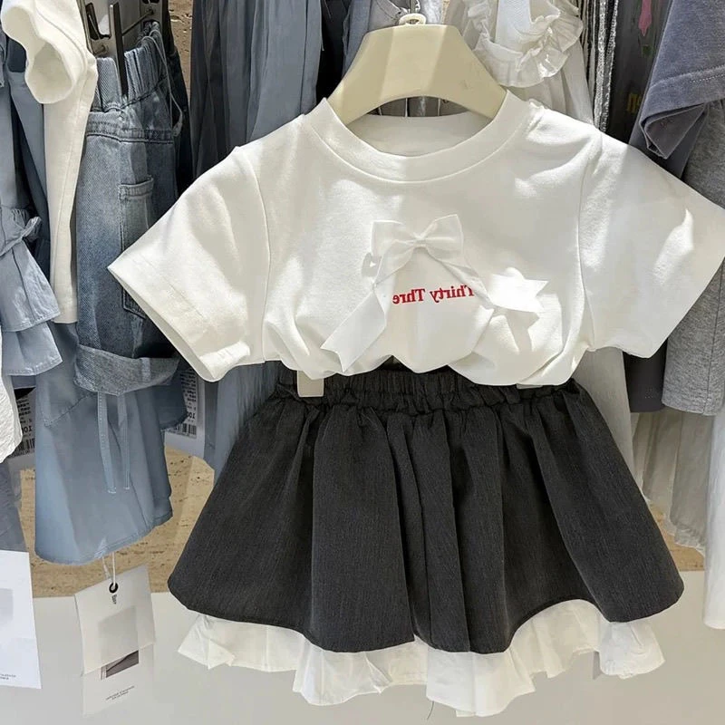 宝宝夏款T恤2025女童甜美蝴蝶结T恤短袖上衣洋气小女孩学院风短裙