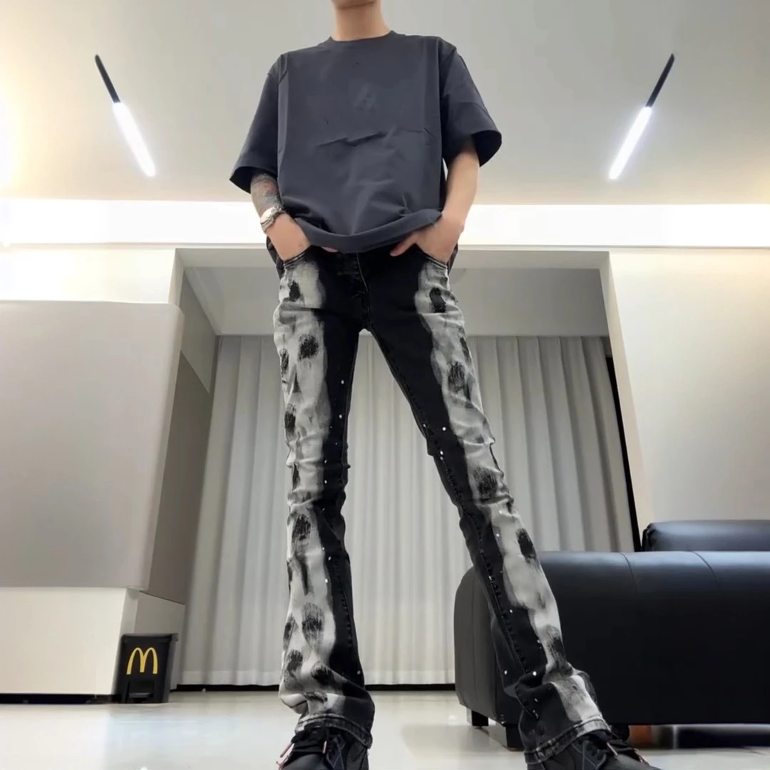 网红美式高街泼墨微喇牛仔裤男秋季修身百搭水洗微弹显瘦vibe裤子